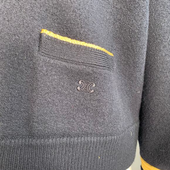 CELINE Size S Navy Gold Wool Contrast Trim Military Sweater - Picture 2 of 8